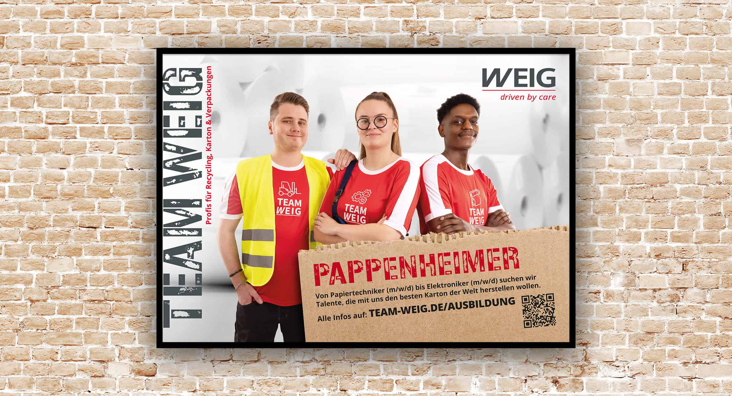 WEIG-Ausbildungsplakat mit drei jungen Mitarbeitenden in Team-WEIG-Shirts und dem Slogan „Pappenheimer“.