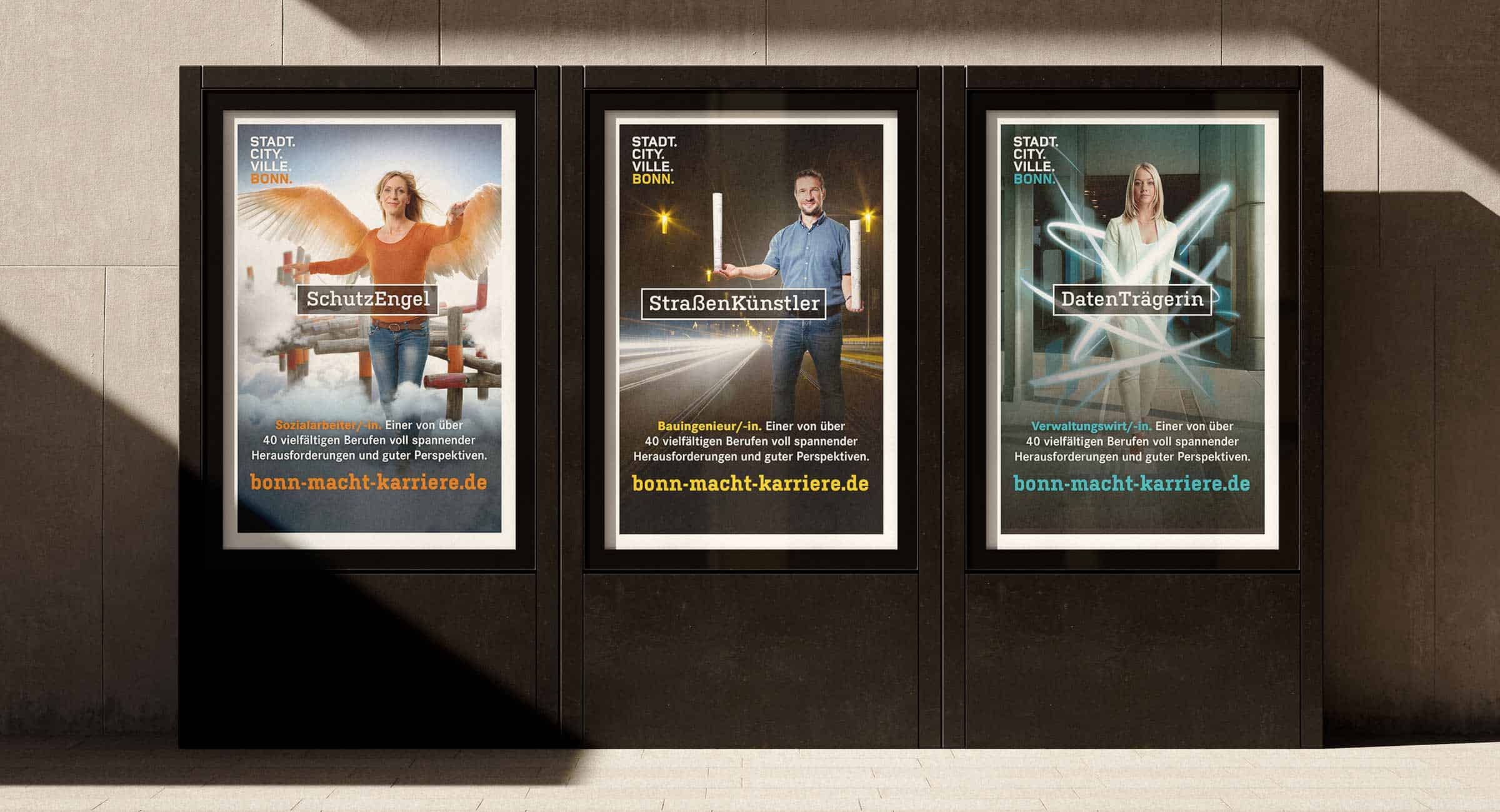 Drei Plakatmotive der Arbeitgeberkampagne der Stadt Bonn mit verschiedenen Berufsbildern.